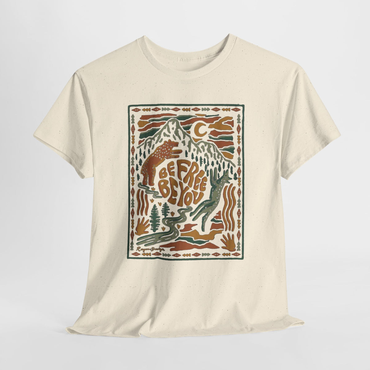 Be Free Be You t-shirt with a vintage hand-drawn mountain scene
