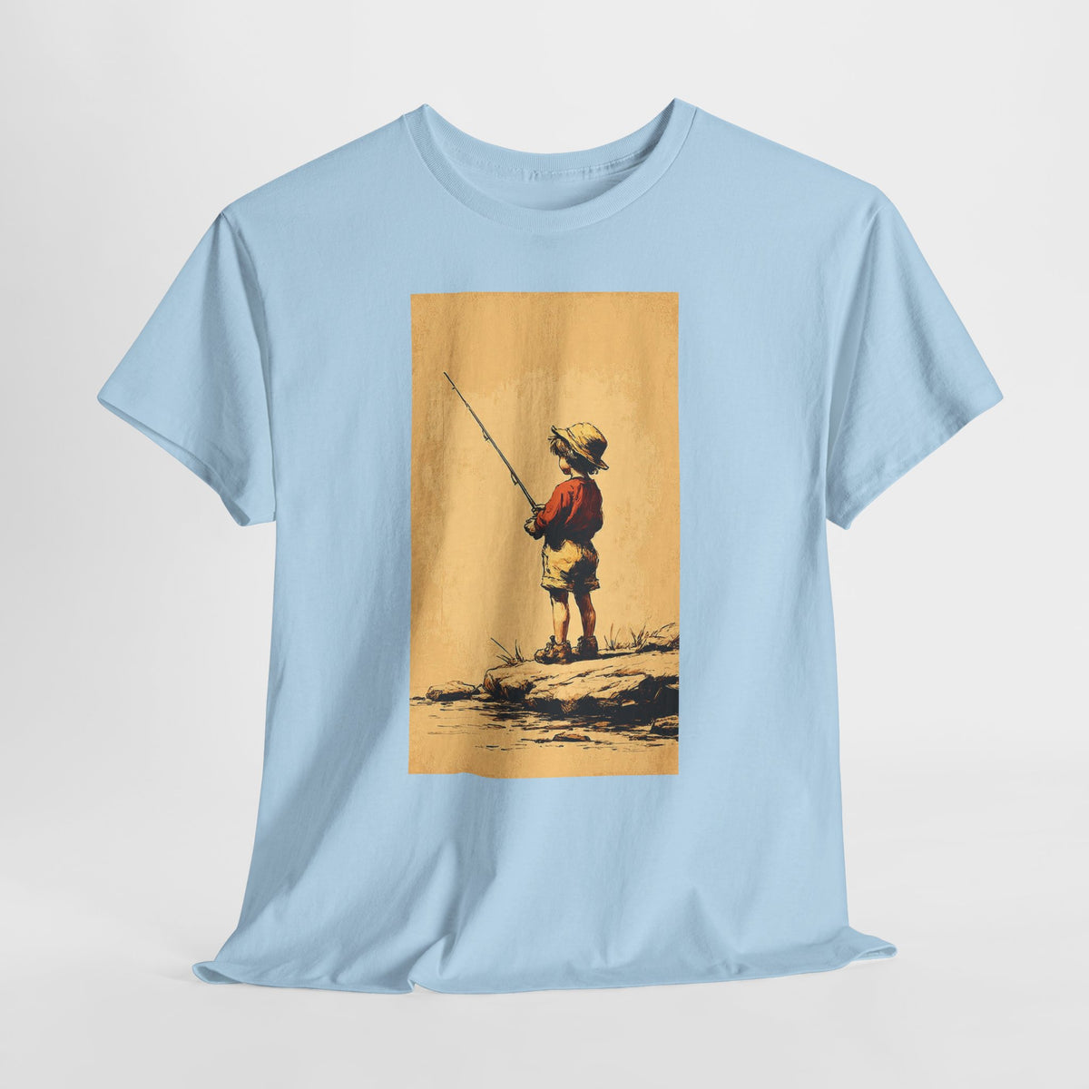 Vintage fishing shirt with a sepia print of a child fishing