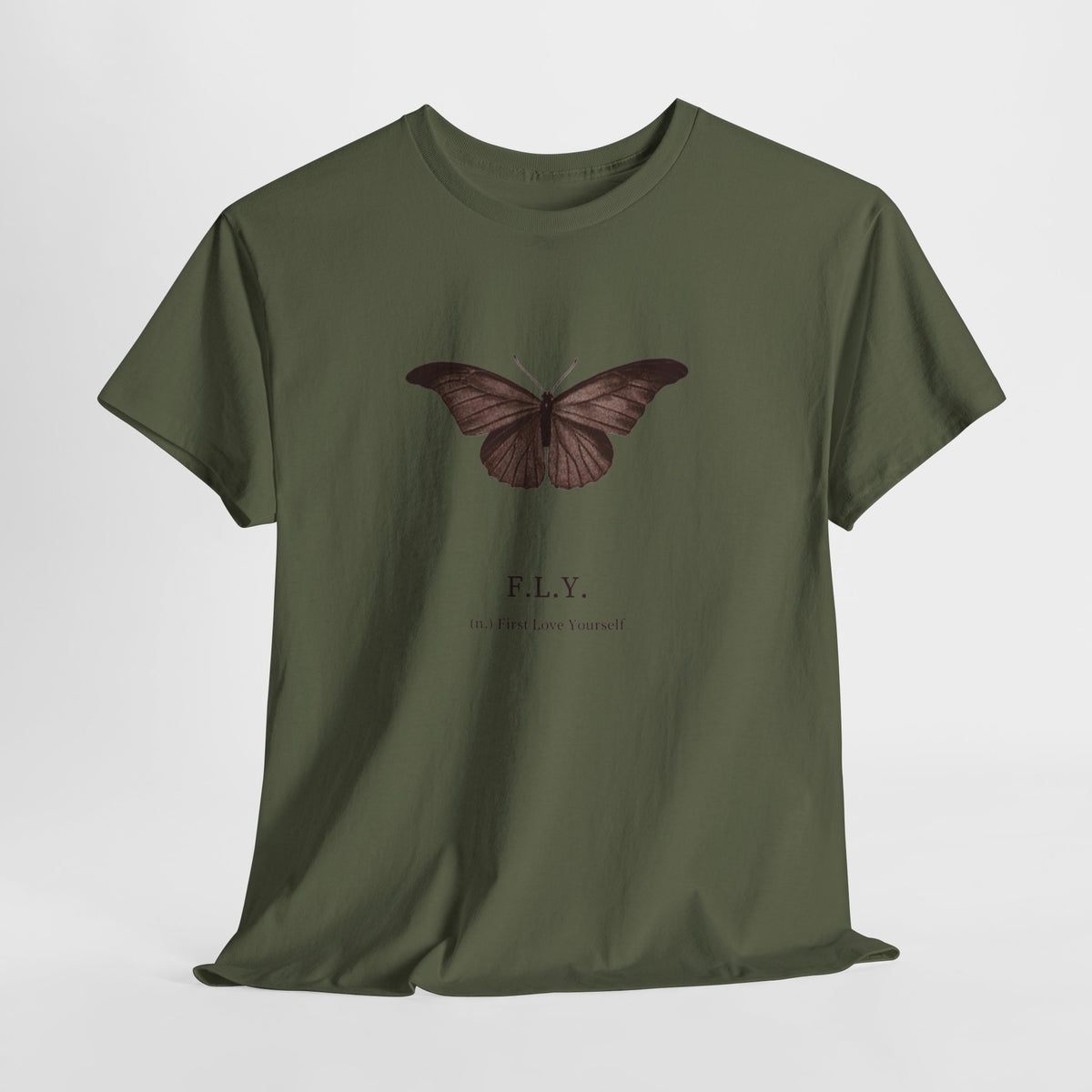 Butterfly t-shirt with a brown butterfly above the text F.L.Y.