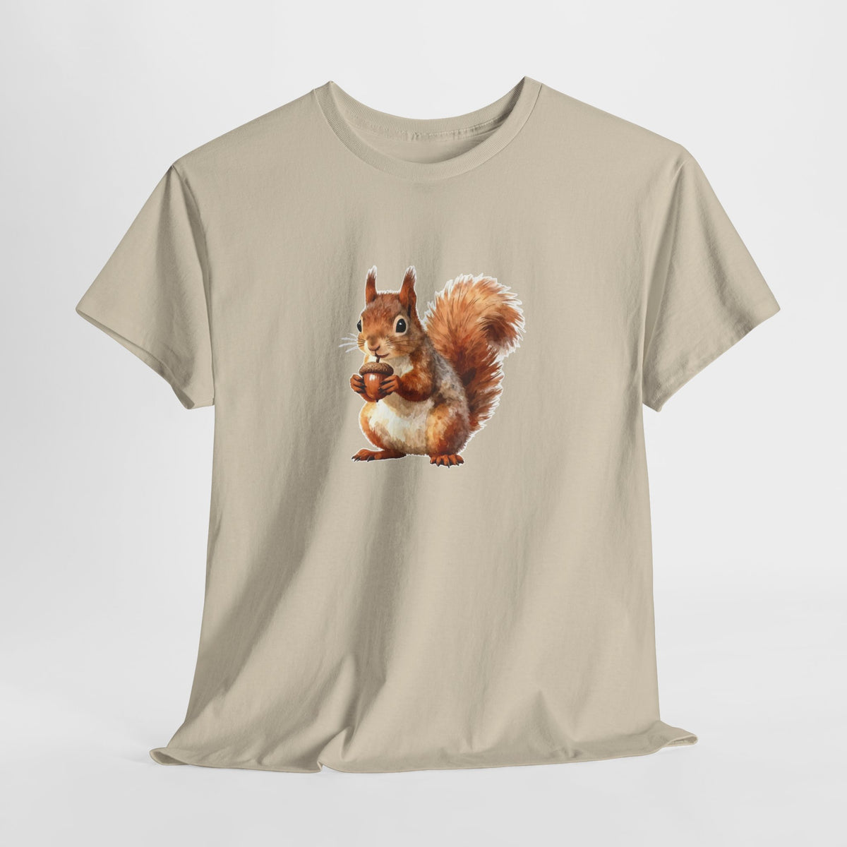 Squirrel t-shirt with a hand-painted watercolor squirrel eating a snack