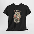Floral snake t-shirt with a coiled snake entwined with wildflowers and roses