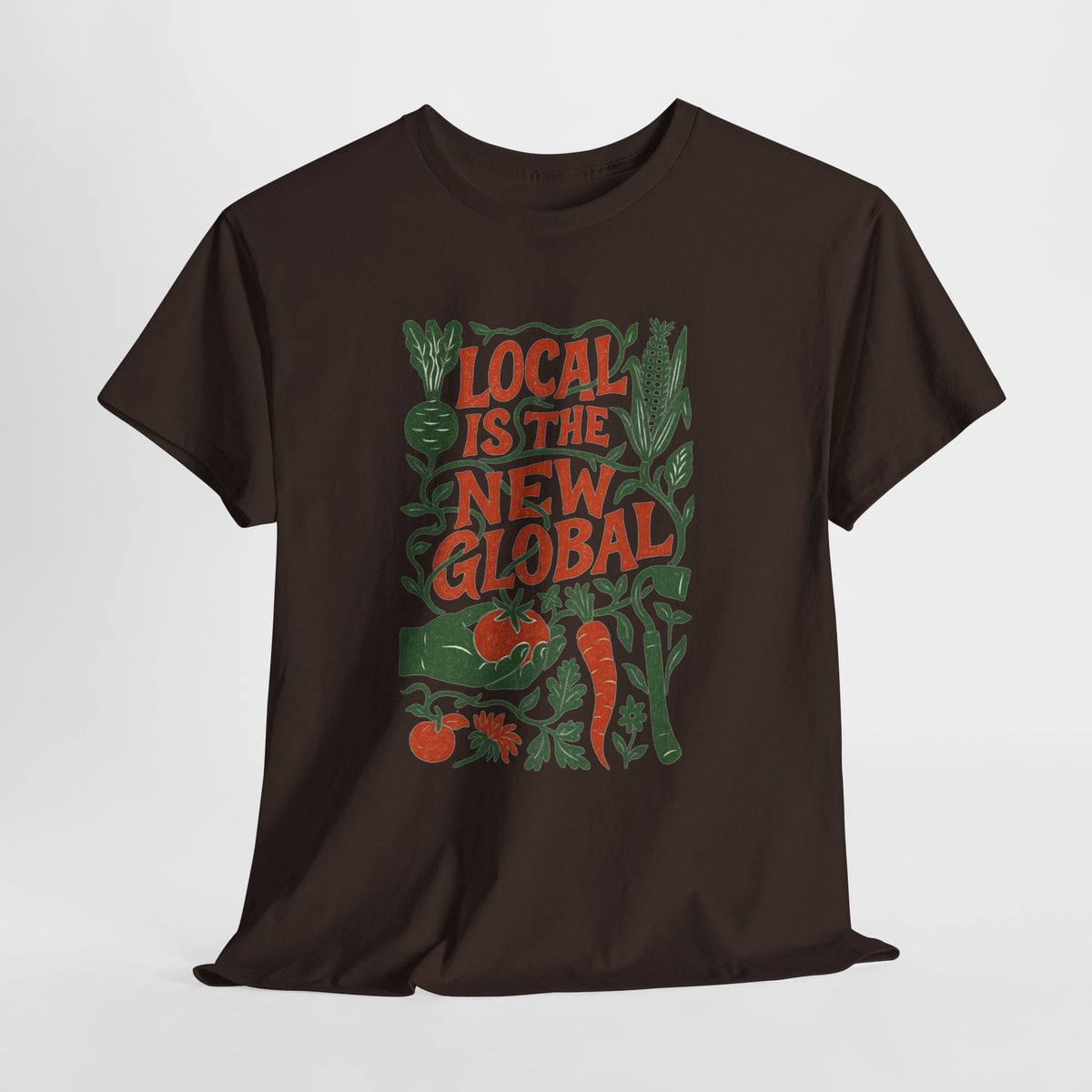 Farmers market t-shirt with botanical garden art and 'Local is the new global' lettering