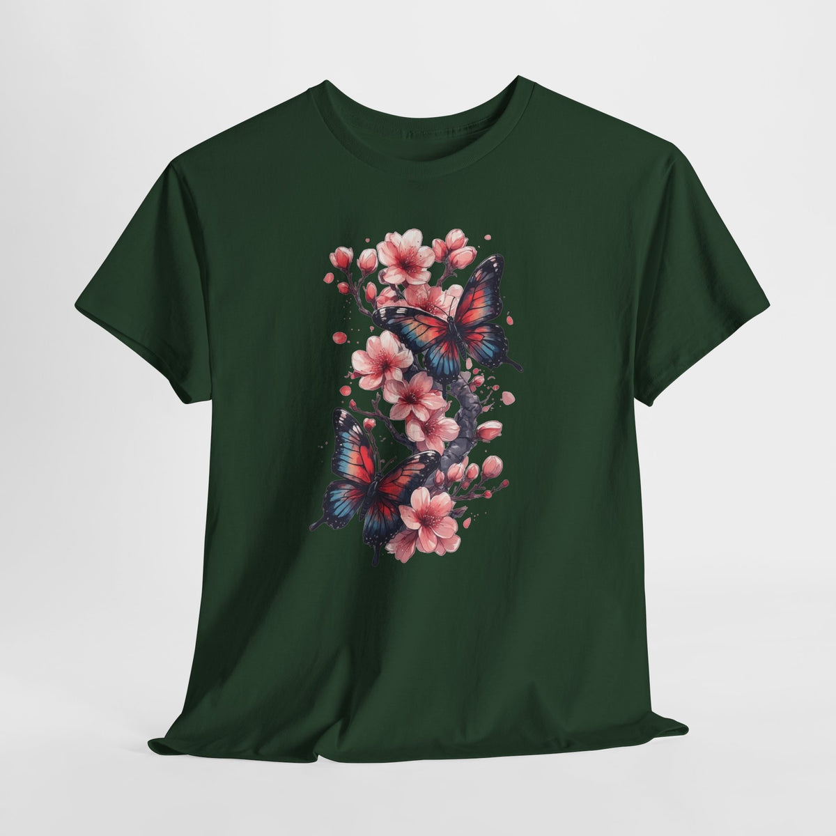 Floral t-shirt with two watercolor butterflies among pink cherry blossoms