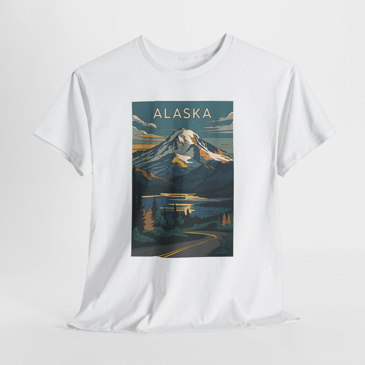 Alaska vintage mountain poster t-shirt with peaks, a lake and evergreen trees