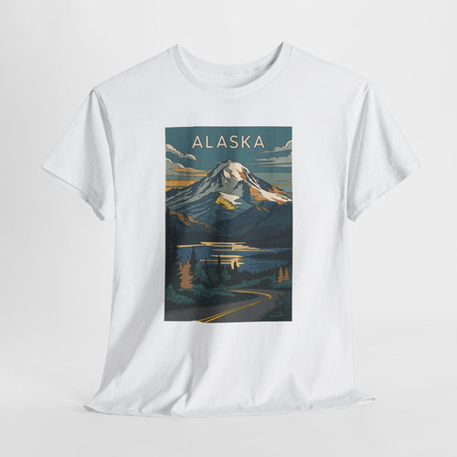 Alaska vintage mountain poster t-shirt with peaks, a lake and evergreen trees