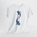 Whale t-shirt with two blue watercolor whales arcing toward each other