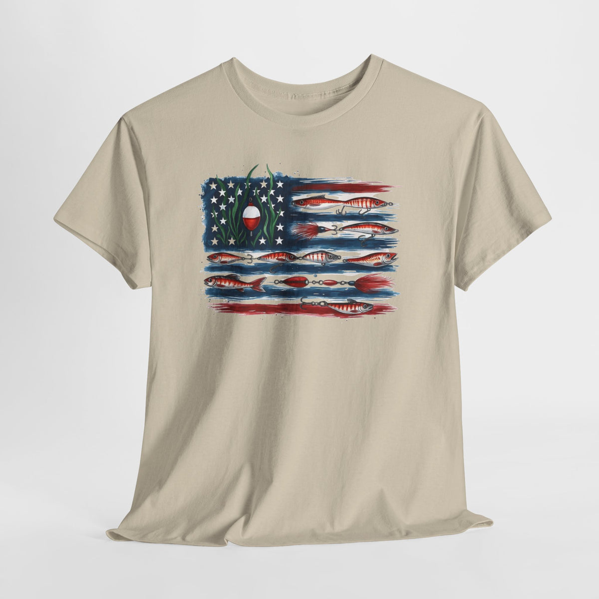 American flag fishing t-shirt with a distressed, hand-painted American flag