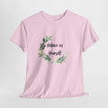 Inspirational t-shirt with 'Believe in Yourself' inside a watercolor leaf wreath
