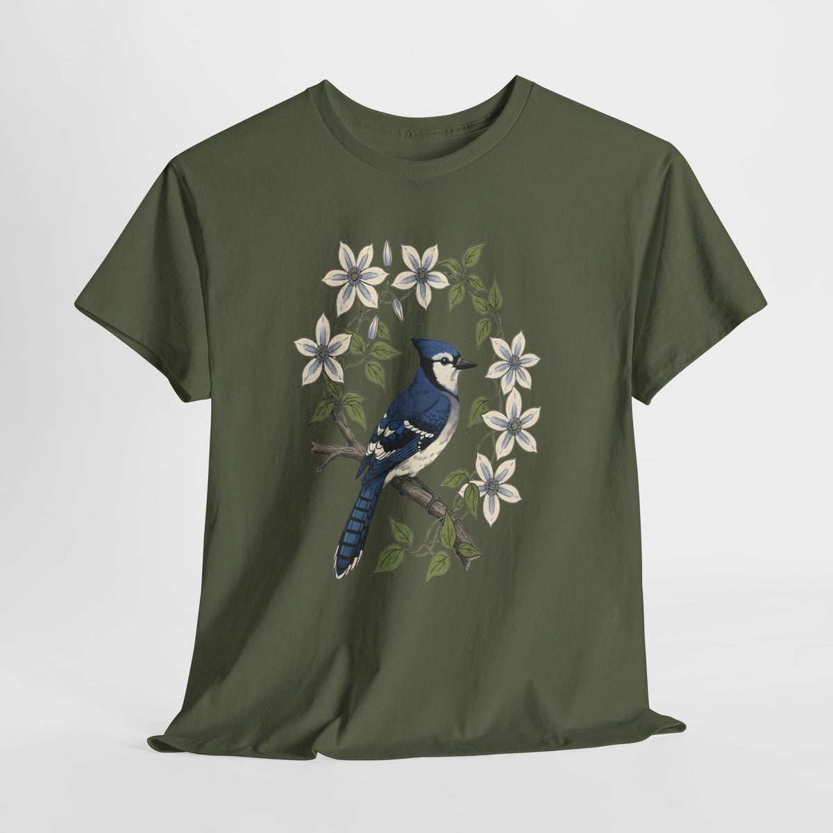 Blue jay t-shirt with a watercolor blue jay among white blossoms