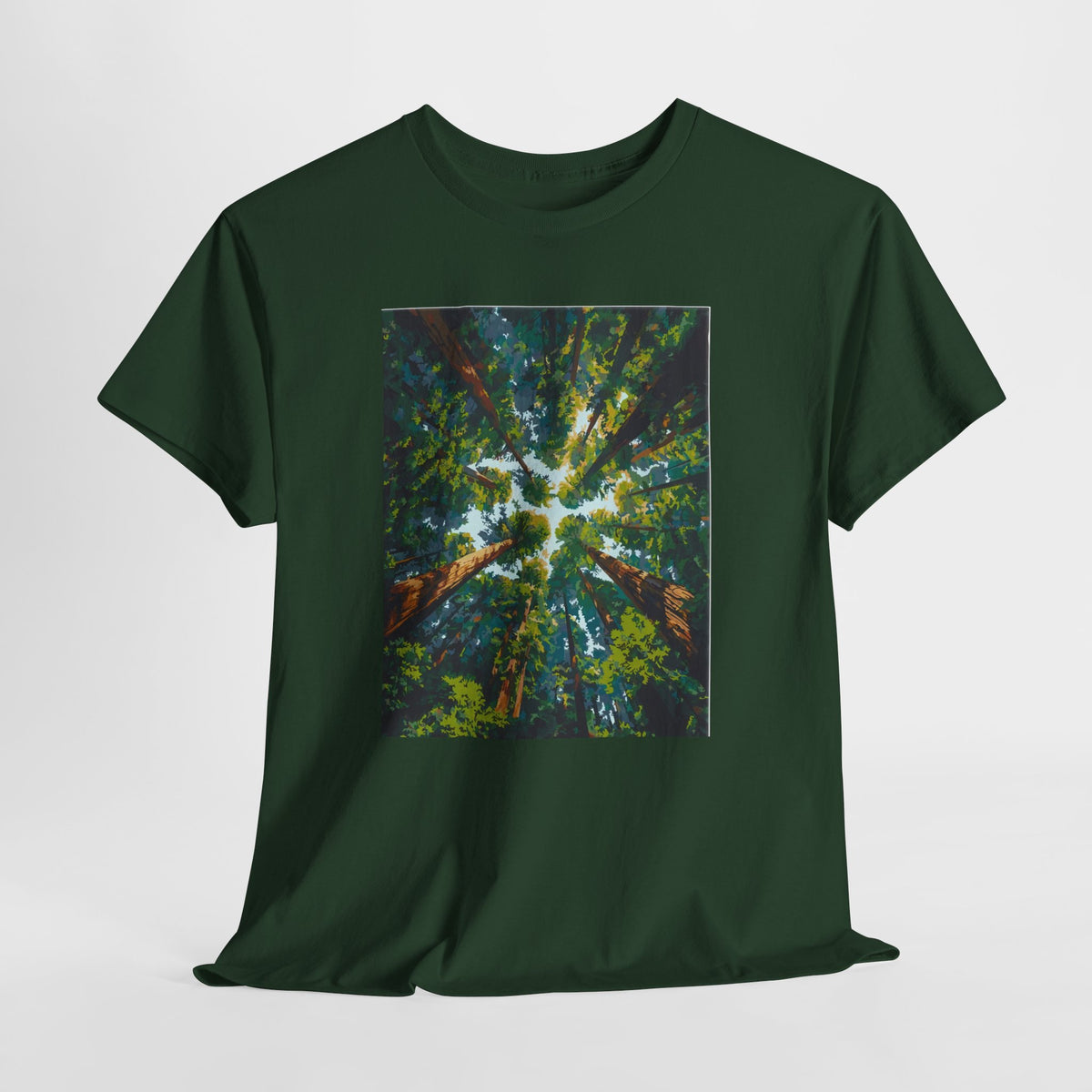 Forest t-shirt with a photo looking up at a sunlit forest canopy