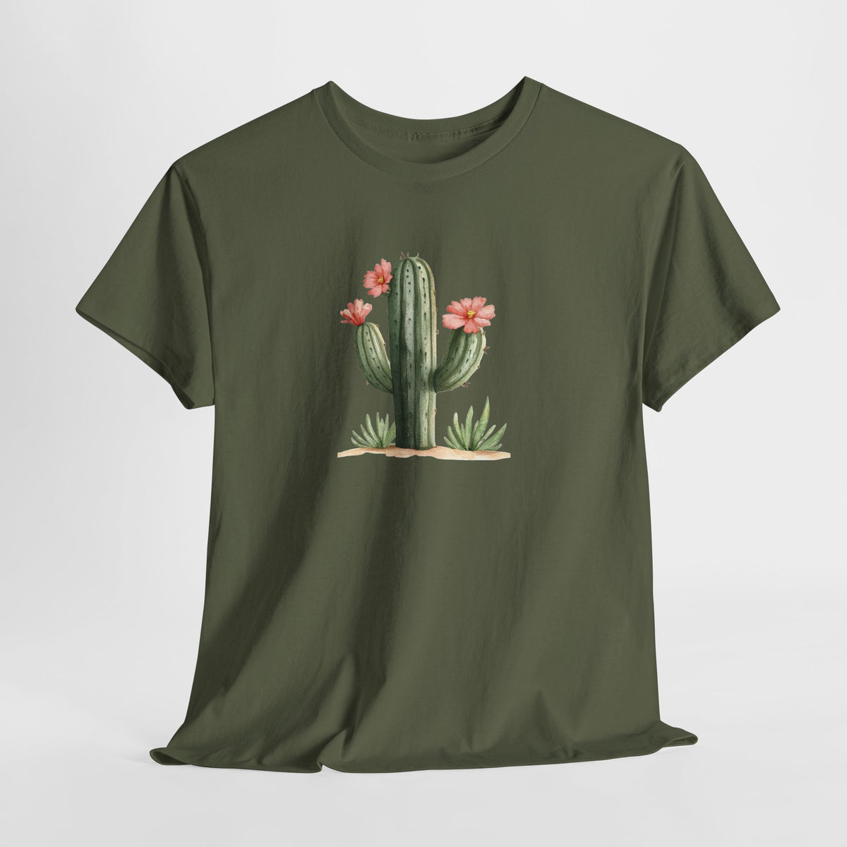Watercolor cactus t-shirt with a flowering cactus in soft earthy colors