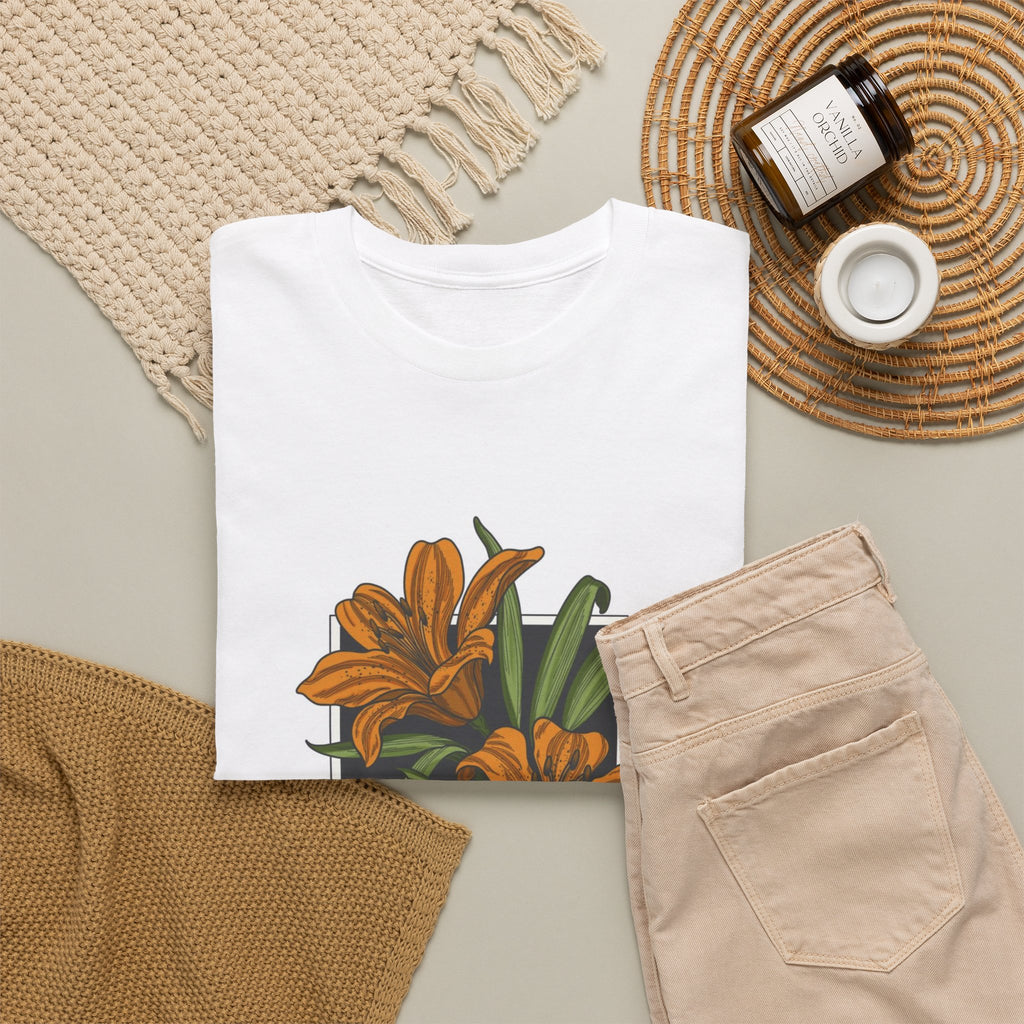 Tiger lily t-shirt with framed orange lilies and Lilium lancifolium script