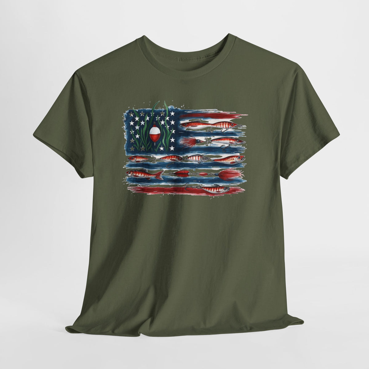 American flag fishing t-shirt with a distressed, hand-painted American flag