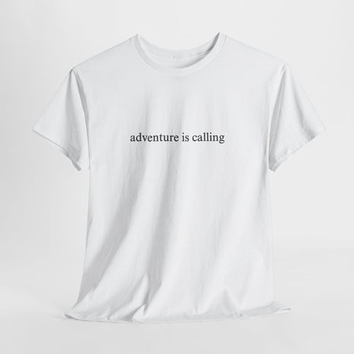 Minimalist t-shirt with a small 'adventure is calling' print on the chest