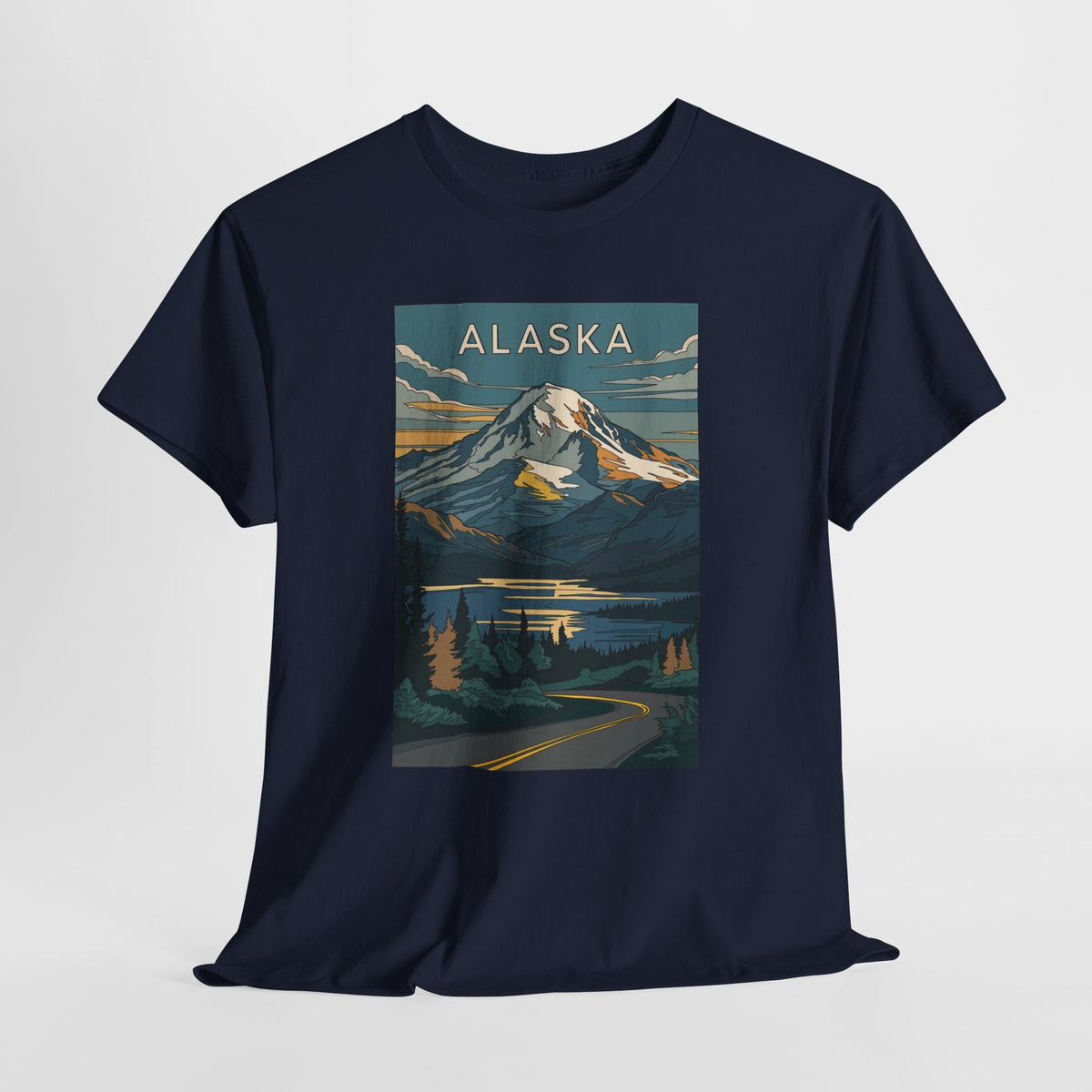 Alaska vintage mountain poster t-shirt with peaks, a lake and evergreen trees