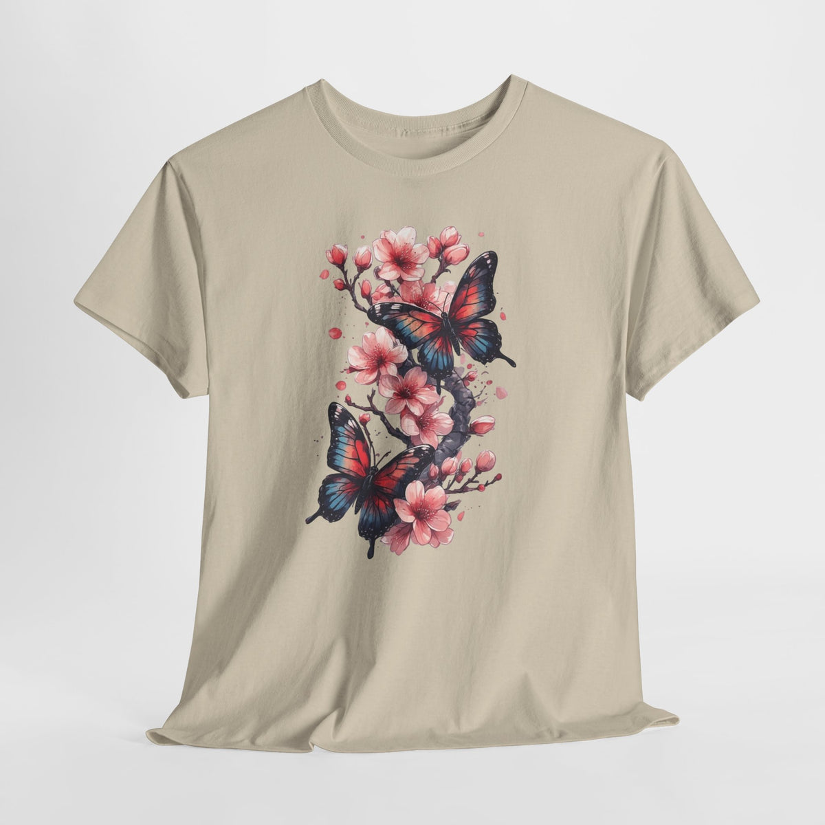 Floral t-shirt with two watercolor butterflies among pink cherry blossoms