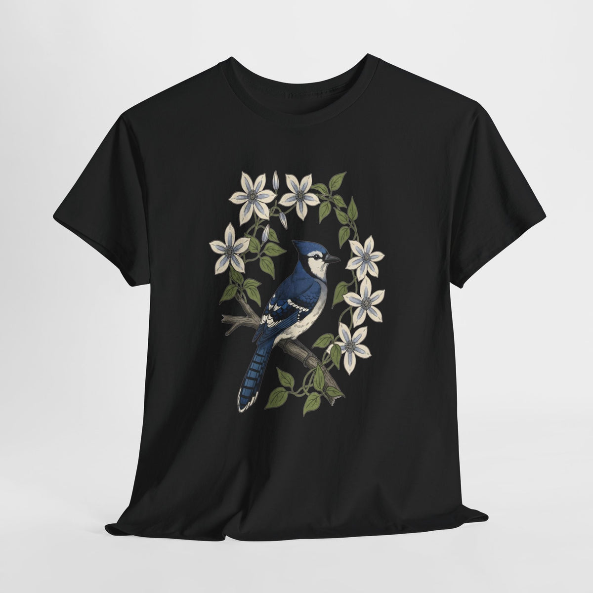 Blue jay t-shirt with a watercolor blue jay among white blossoms