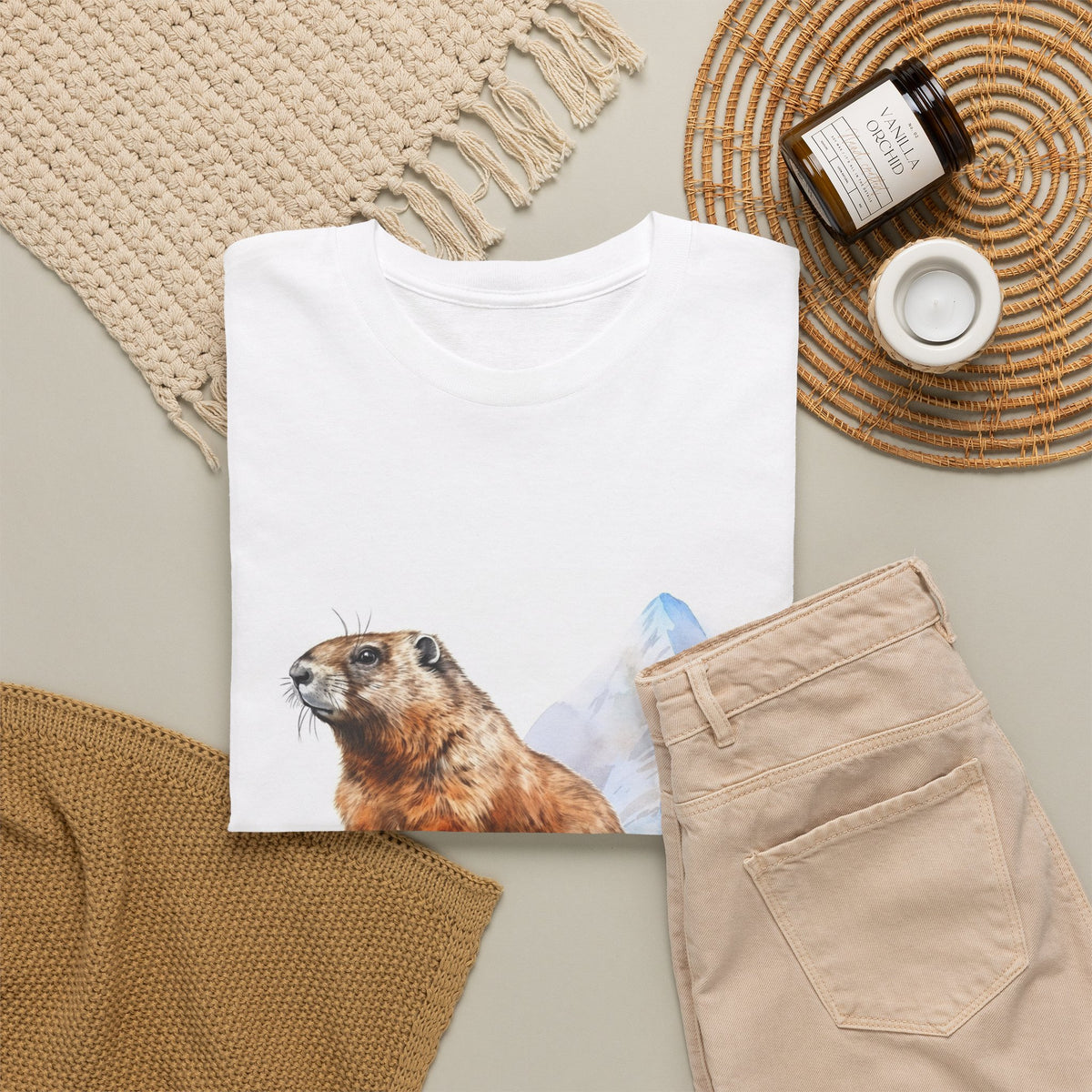Vancouver Island marmot t-shirt with a watercolor marmot on a rock below an alpine peak