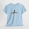 Hiking t-shirt with a lone hiker on a watercolor ridge of rock and snow