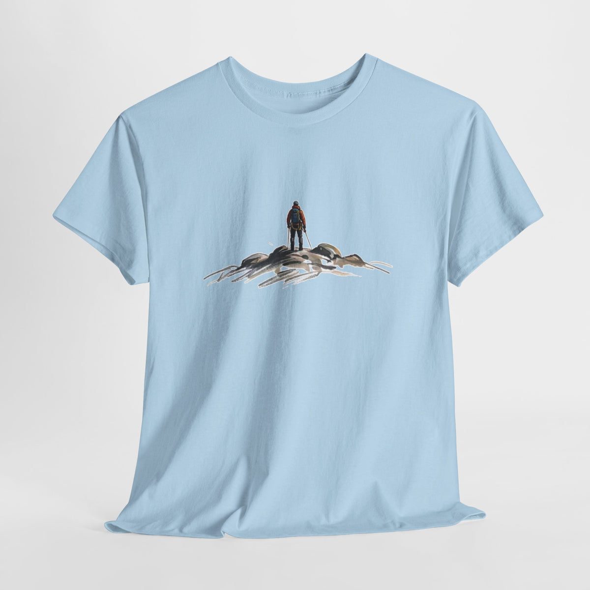 Hiking t-shirt with a lone hiker on a watercolor ridge of rock and snow
