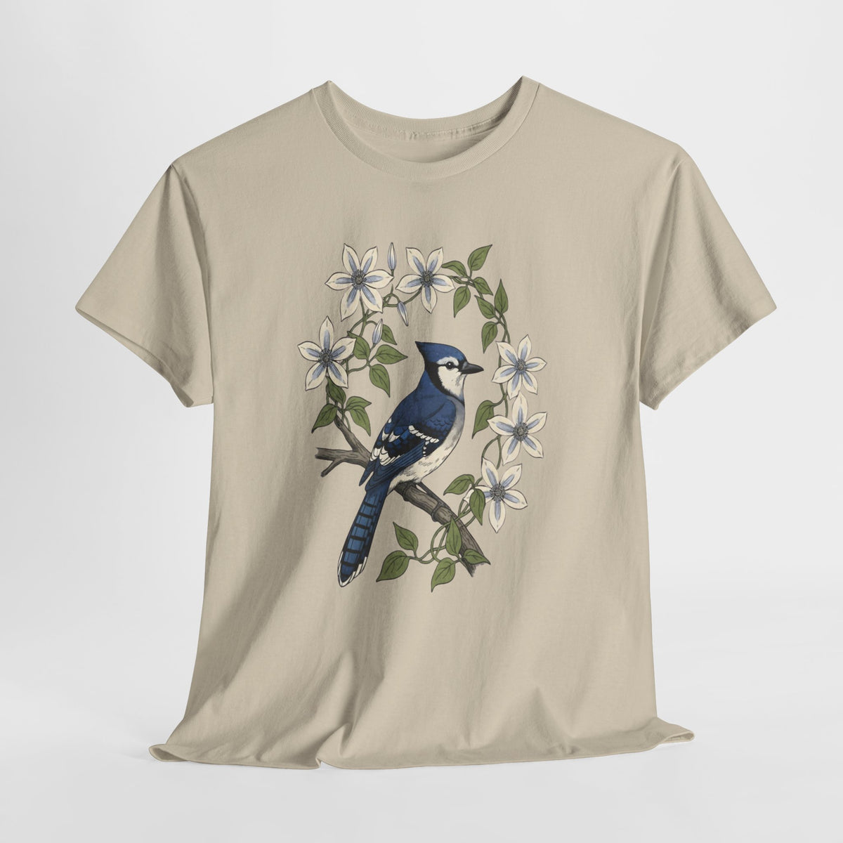 Blue jay t-shirt with a watercolor blue jay among white blossoms