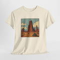 Vintage southwest t-shirt with terracotta desert buttes under a teal sky