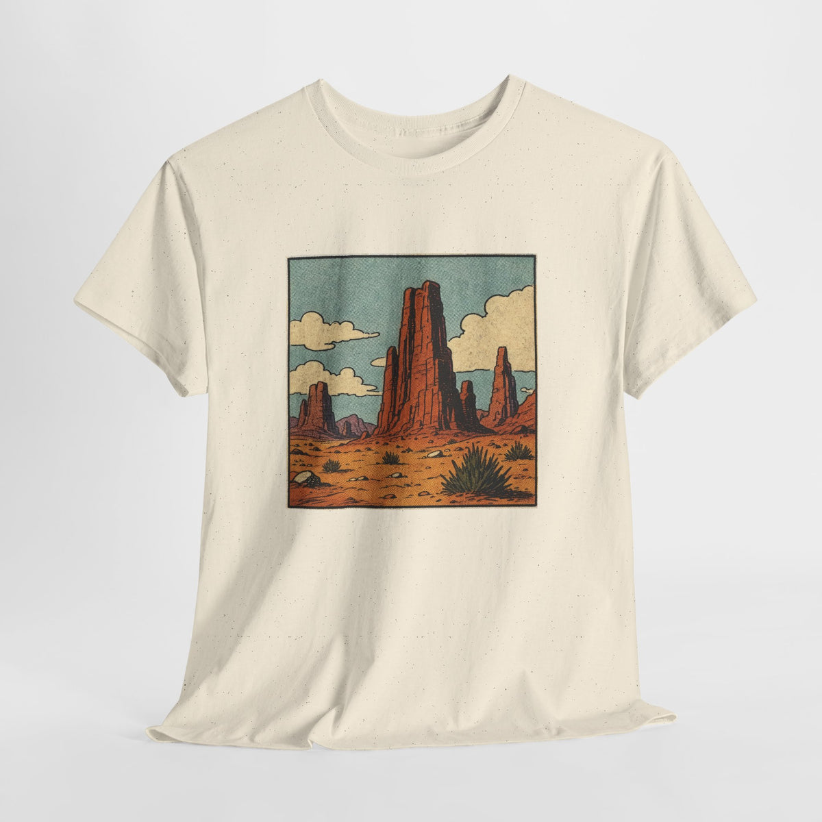Vintage southwest t-shirt with terracotta desert buttes under a teal sky