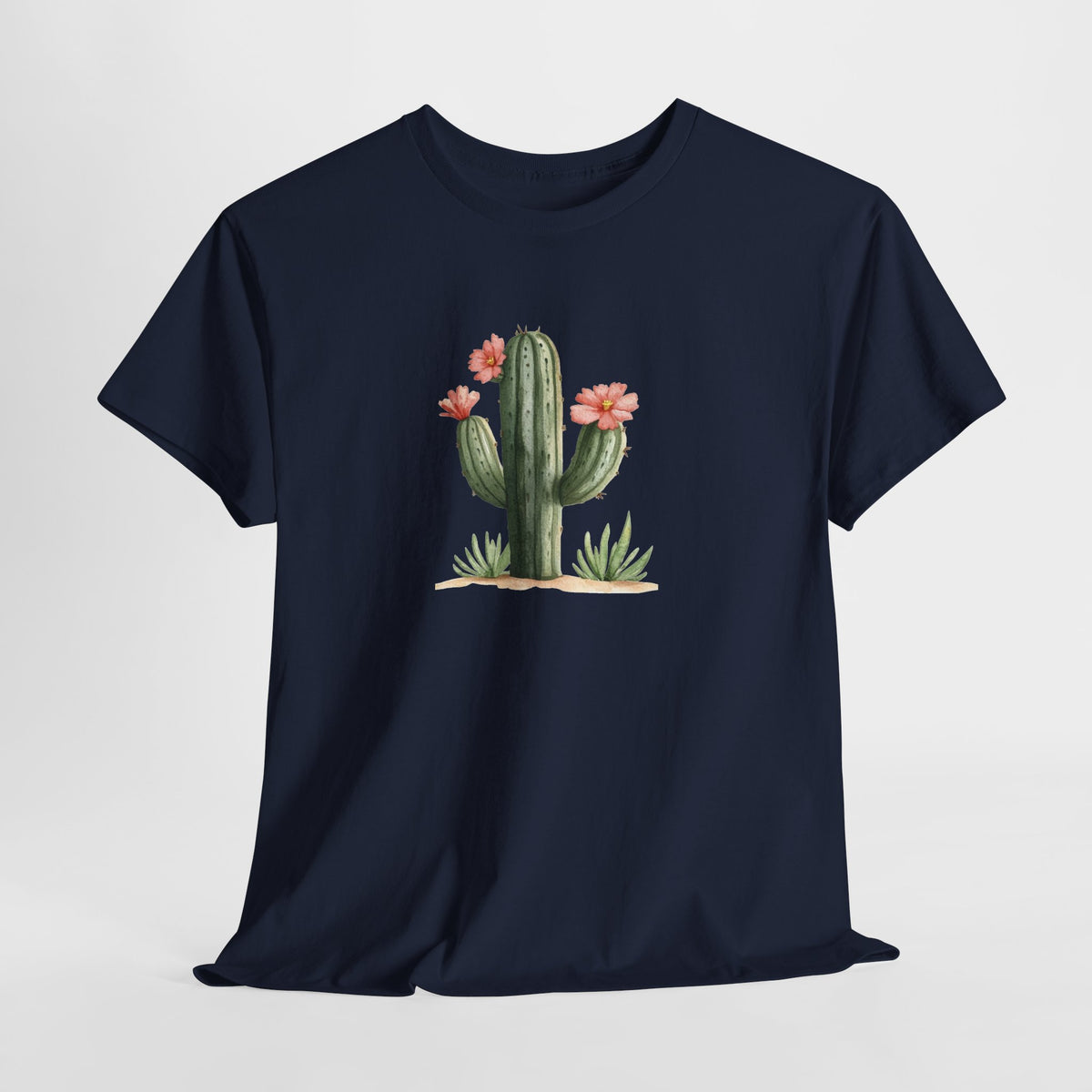 Watercolor cactus t-shirt with a flowering cactus in soft earthy colors