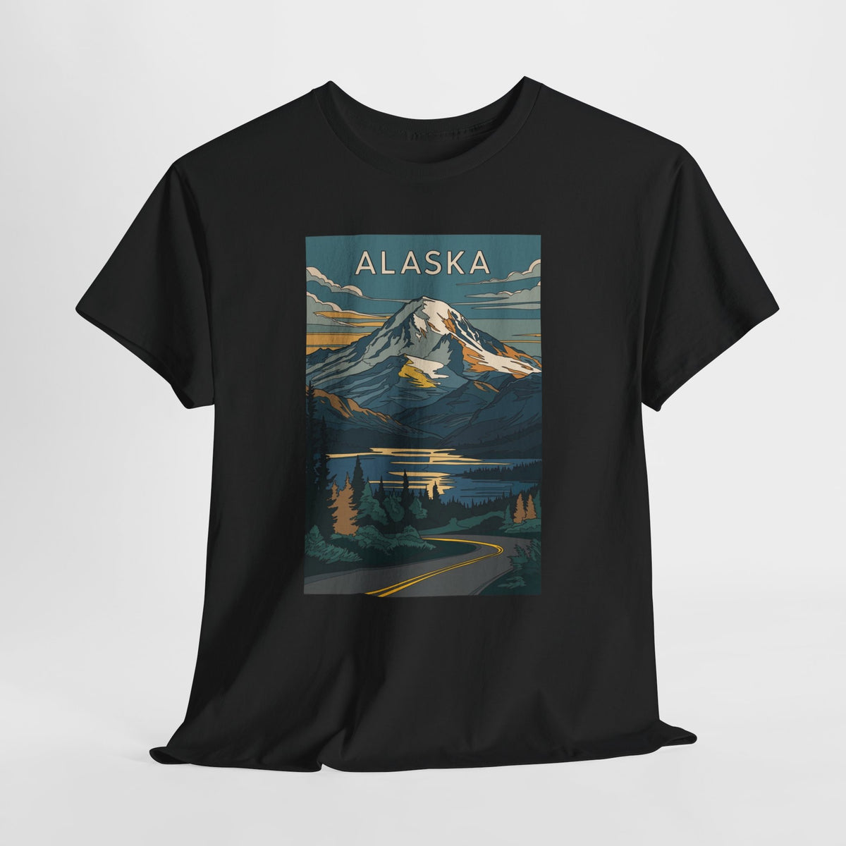 Alaska vintage mountain poster t-shirt with peaks, a lake and evergreen trees