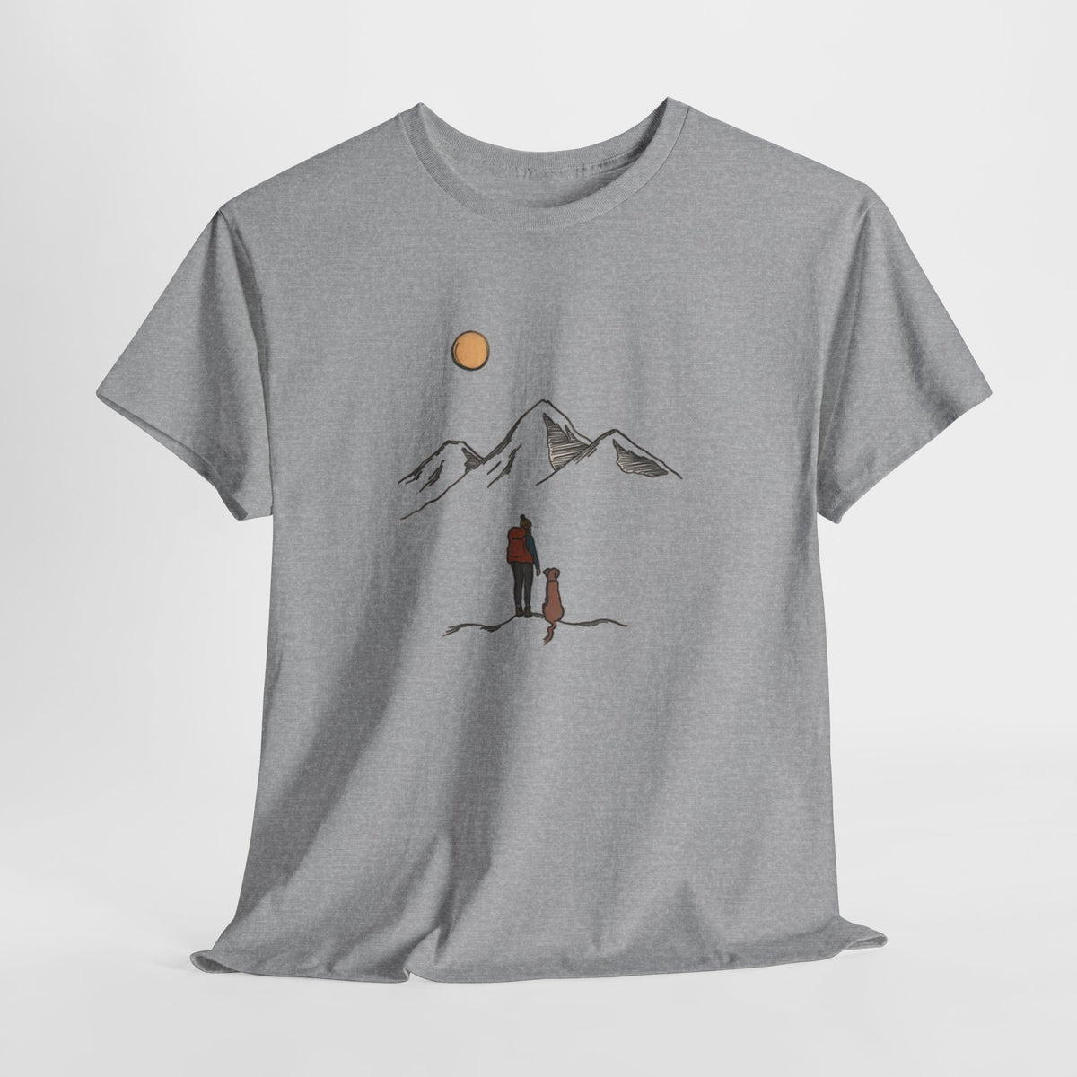 Mountain t-shirt with a line drawing of a hiker and dog below peaks and a sun