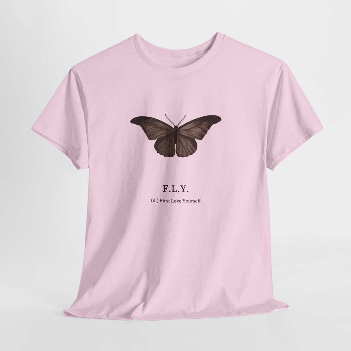 Butterfly t-shirt with a brown butterfly above the text F.L.Y.
