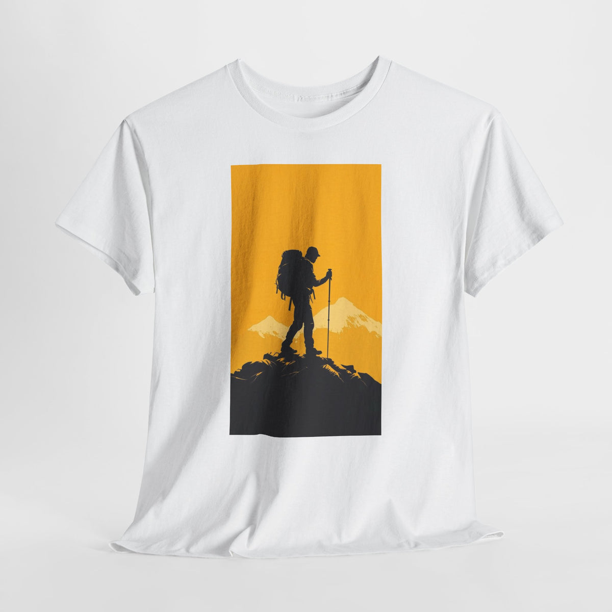 Mountain t-shirt with a lone hiker silhouetted against a golden sky and peaks