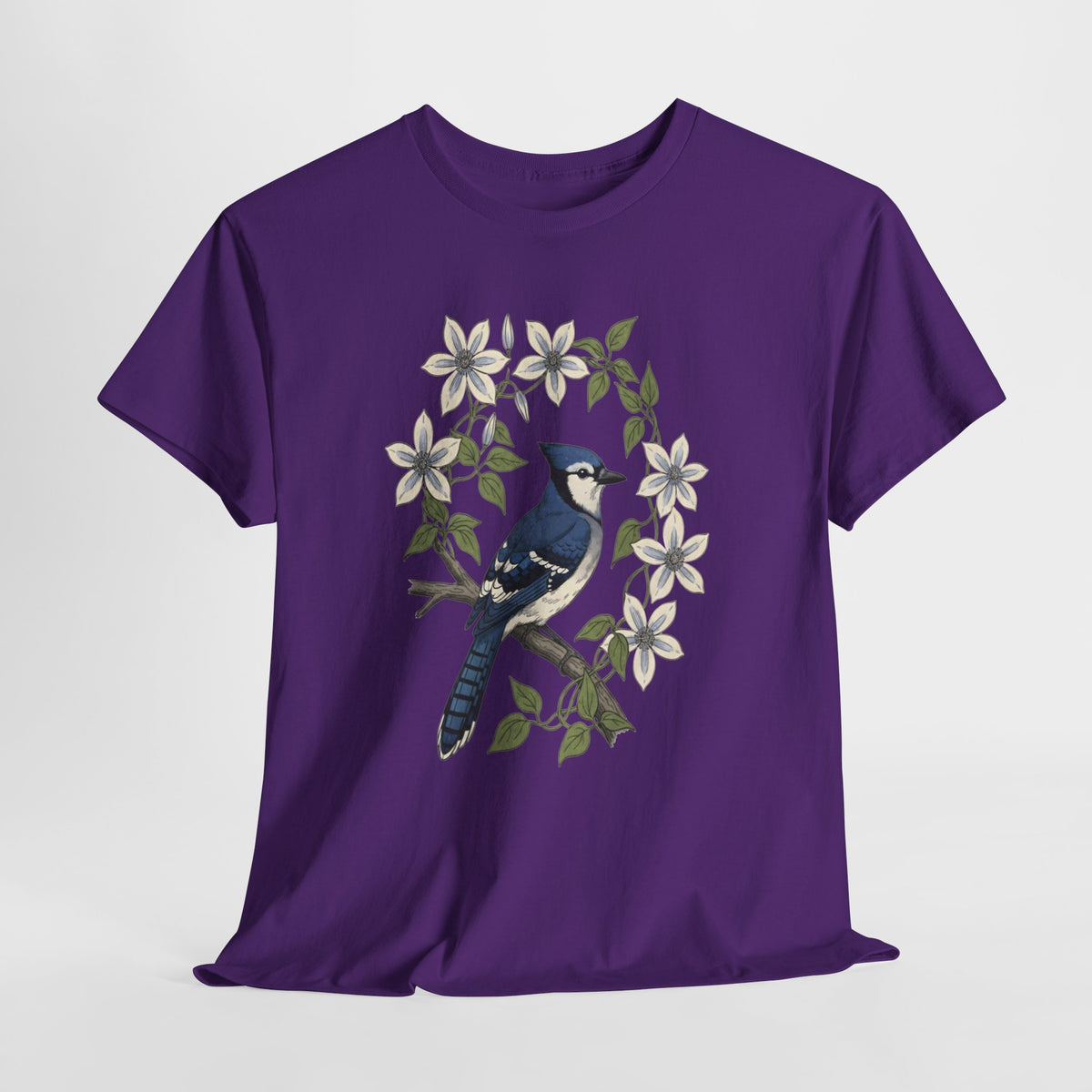 Blue jay t-shirt with a watercolor blue jay among white blossoms