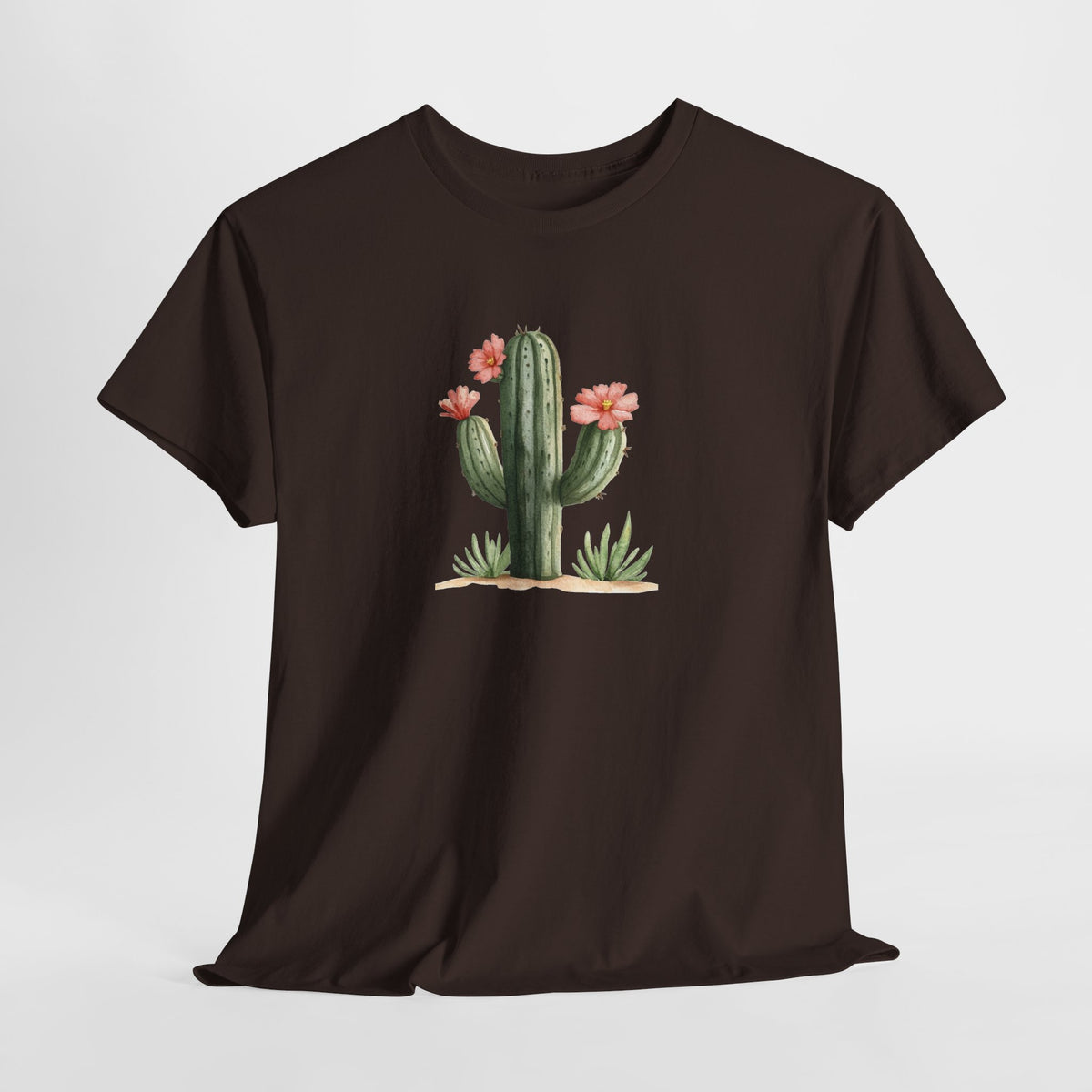Watercolor cactus t-shirt with a flowering cactus in soft earthy colors