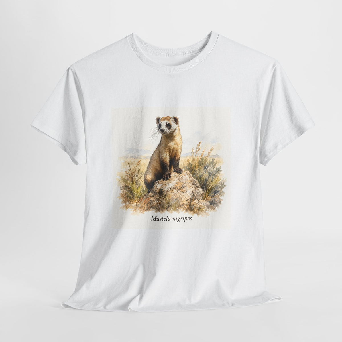 Black-footed ferret t-shirt with a ferret illustration among windswept grasses