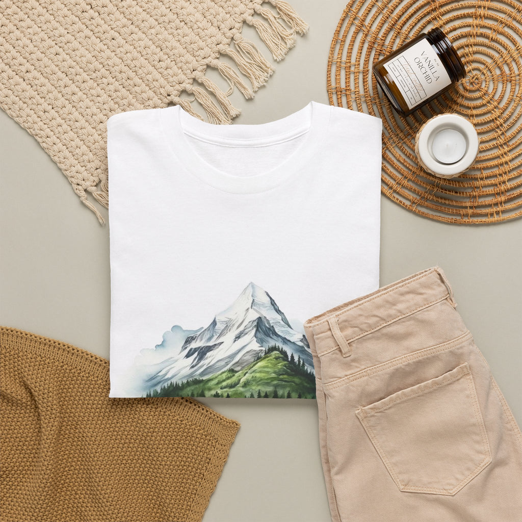 Mountain t-shirt with a watercolor peak and rolling green foothills