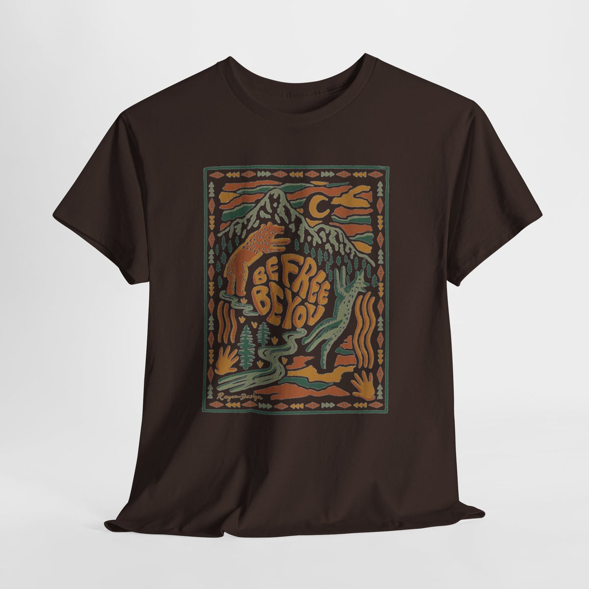 Be Free Be You t-shirt with a vintage hand-drawn mountain scene