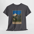 North Cascades vintage poster t-shirt with jagged peaks and evergreen forests