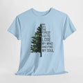 Forest t-shirt with an evergreen tree and 'And into the forest I go' lettering