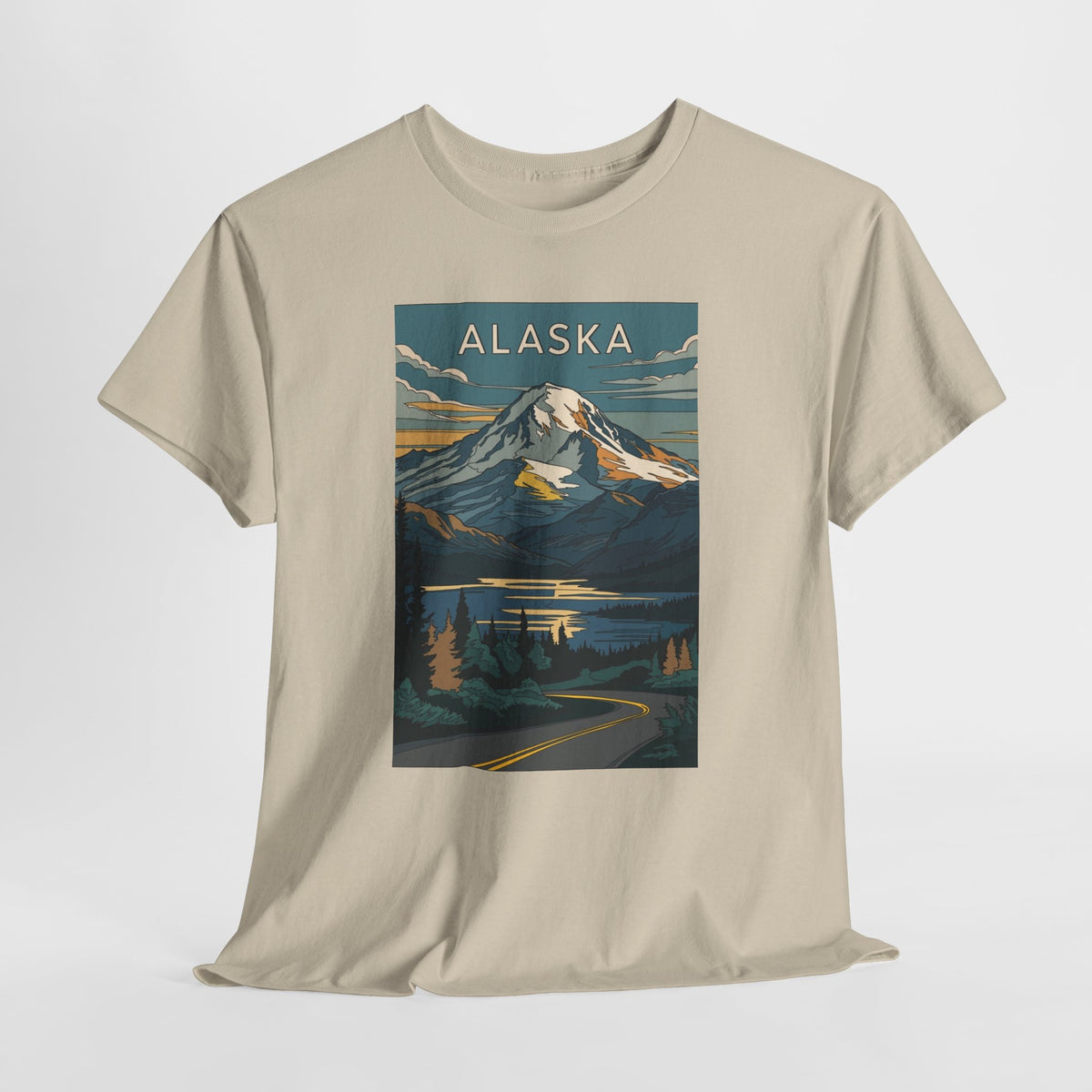 Alaska vintage mountain poster t-shirt with peaks, a lake and evergreen trees