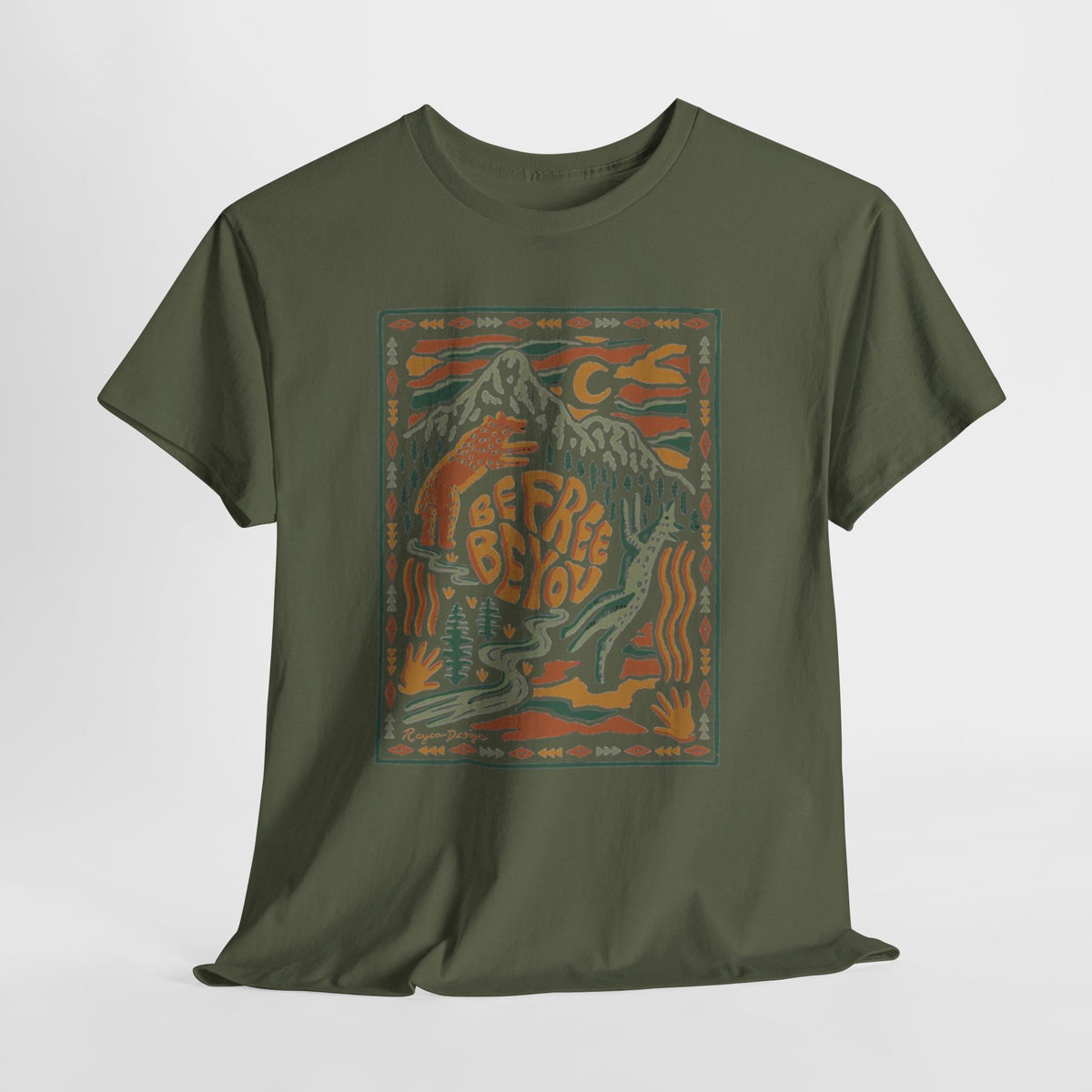Be Free Be You t-shirt with a vintage hand-drawn mountain scene