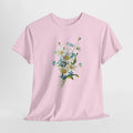 Daisy t-shirt with a watercolor bouquet of daisies and small blue wildflowers