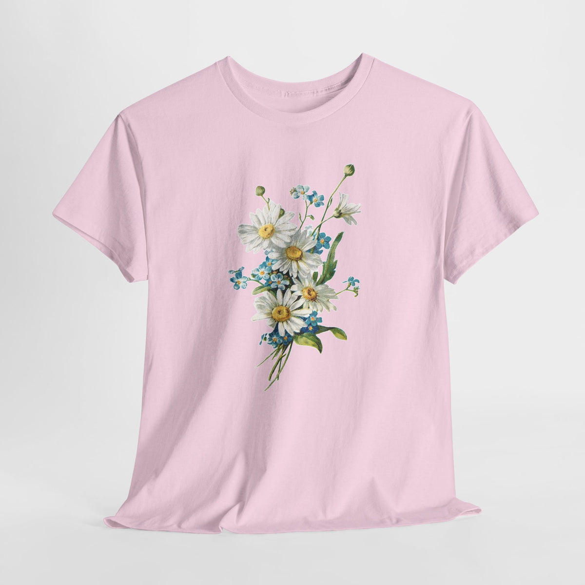 Daisy t-shirt with a watercolor bouquet of daisies and small blue wildflowers