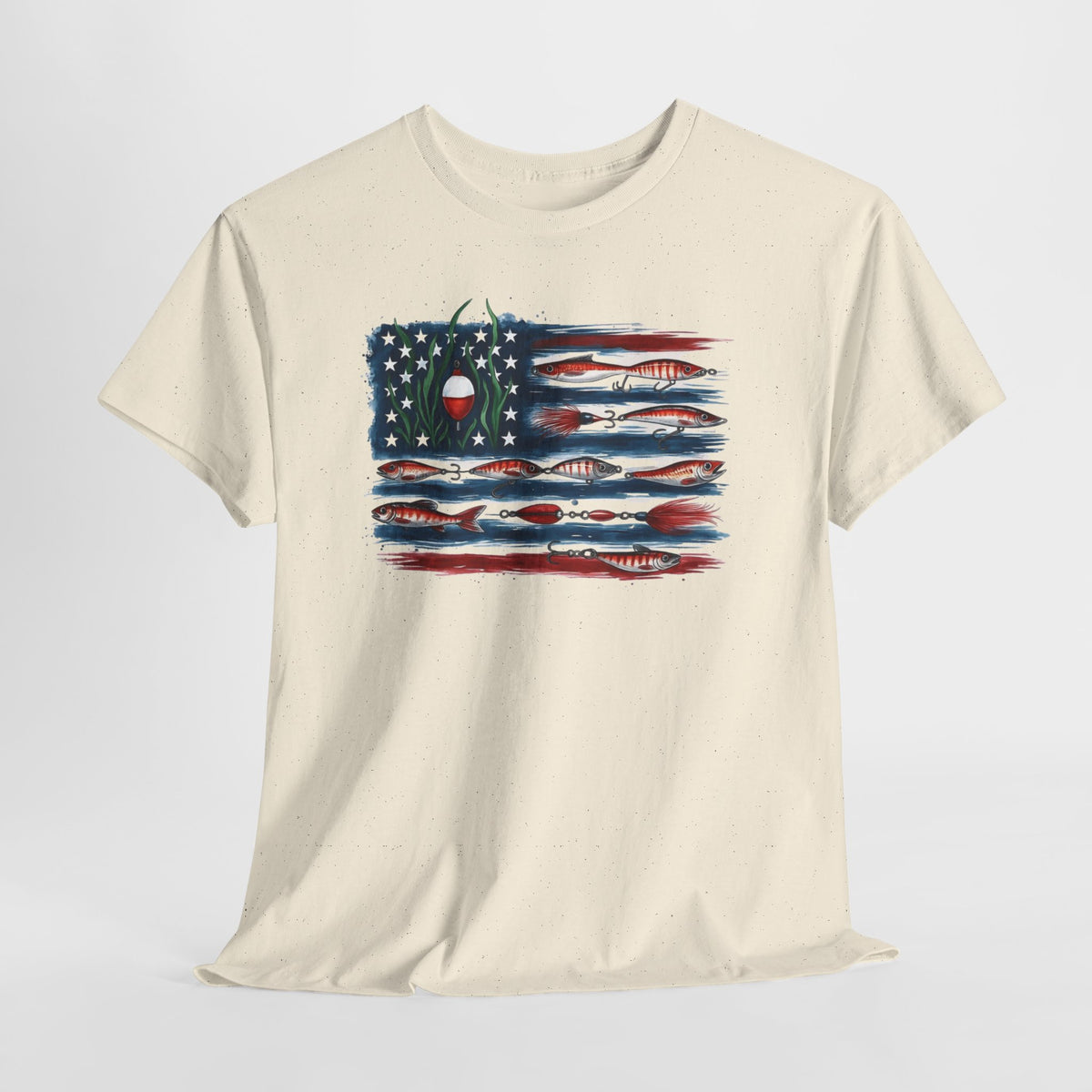 American flag fishing t-shirt with a distressed, hand-painted American flag