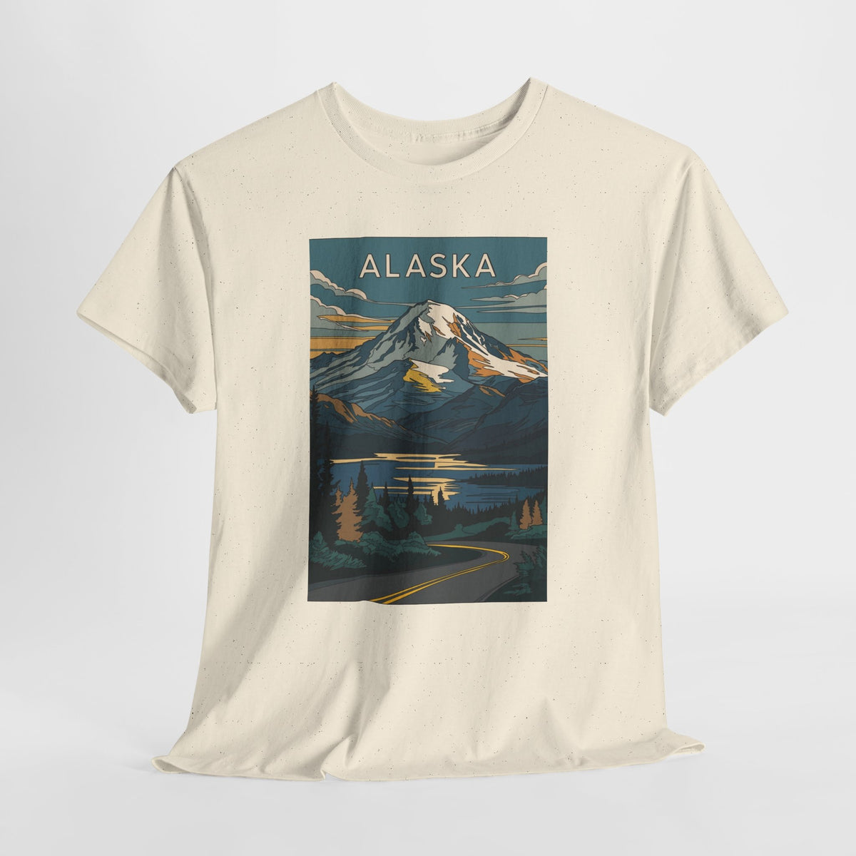 Alaska vintage mountain poster t-shirt with peaks, a lake and evergreen trees