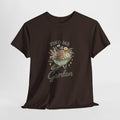 Gardening t-shirt with a vintage wheelbarrow of wildflowers and 'Find me in the Garden'