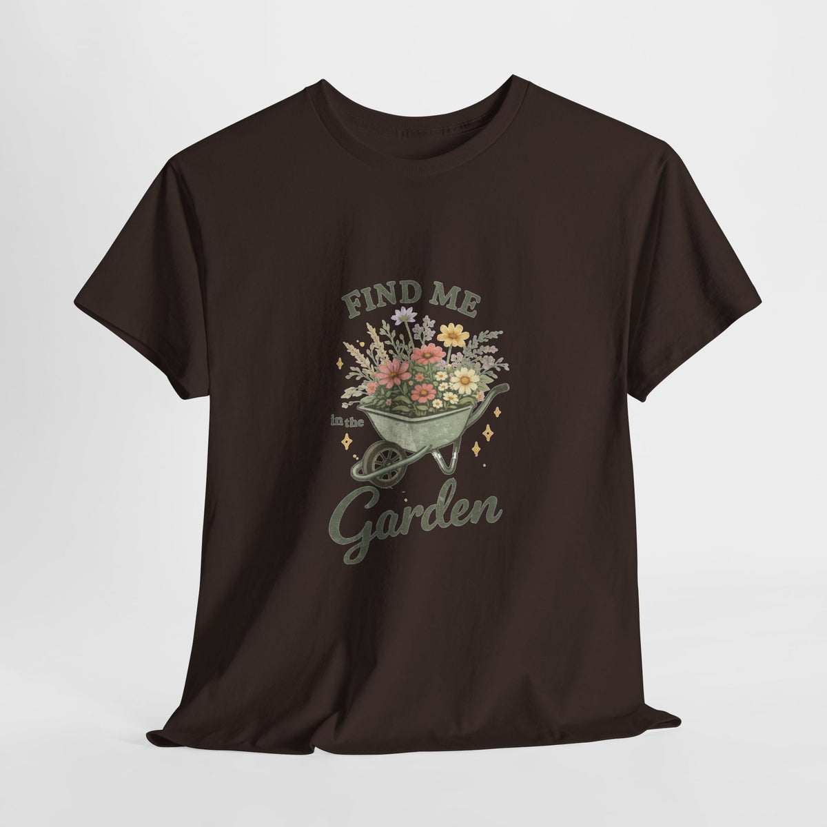 Gardening t-shirt with a vintage wheelbarrow of wildflowers and 'Find me in the Garden'
