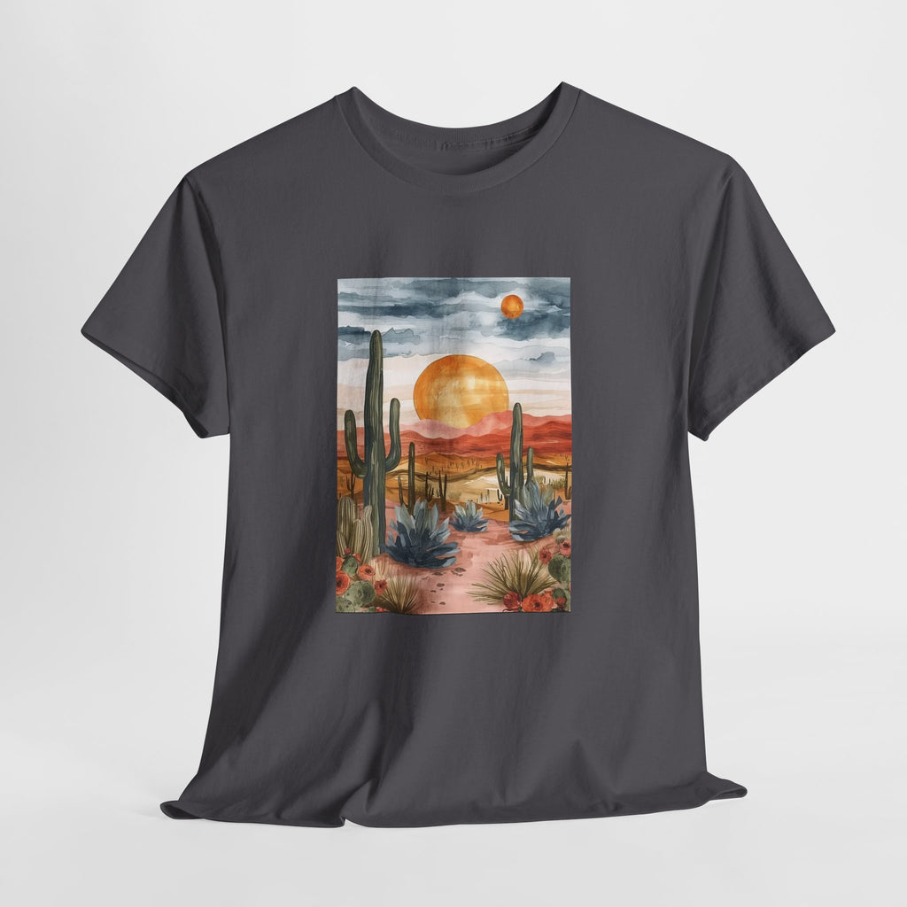 Desert sunset t-shirt with watercolor saguaro cacti and an amber sun
