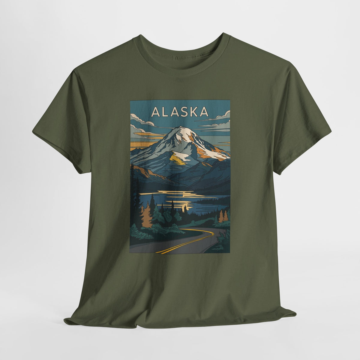 Alaska vintage mountain poster t-shirt with peaks, a lake and evergreen trees