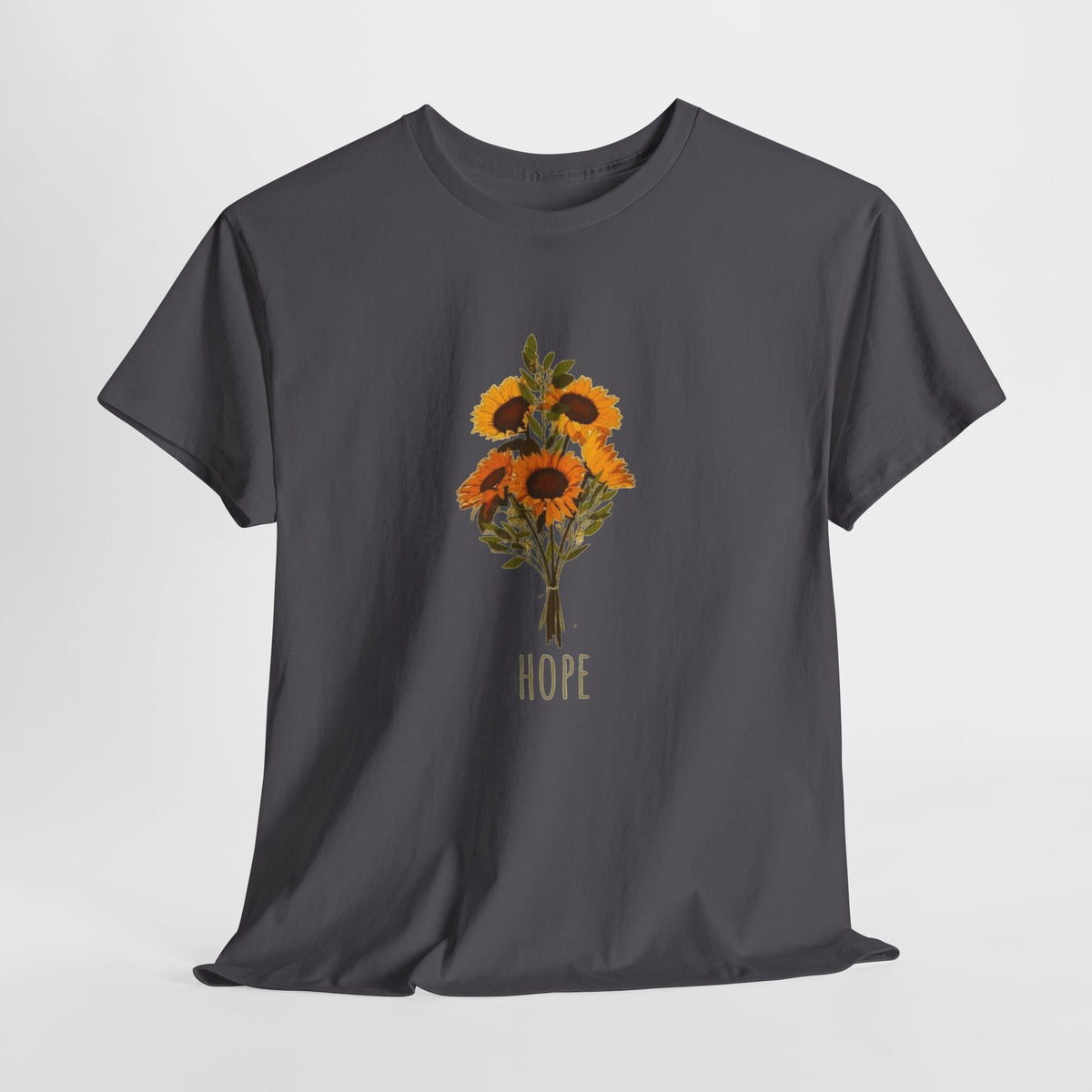 Sunflower shirt with a hand-drawn sunflower bouquet above the word HOPE